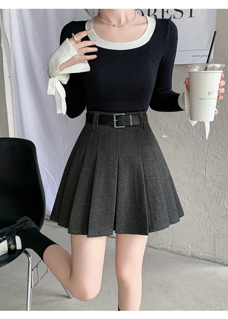 Vintage Winter Pleated Mini Skirt Women Streetwear High Waist Woolen Cute Skater Skirts With Shorts Belt Grey Black Skirt Woman