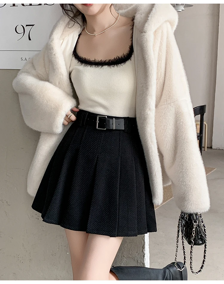 Vintage Winter Pleated Mini Skirt Women Streetwear High Waist Woolen Cute Skater Skirts With Shorts Belt Grey Black Skirt Woman