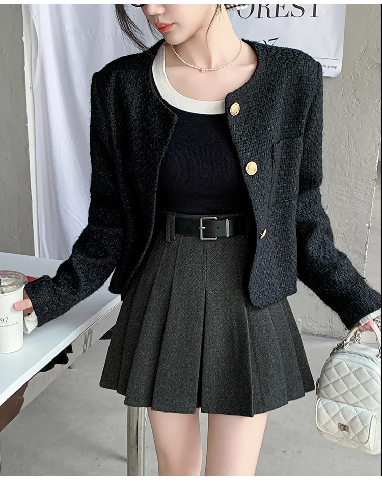 Vintage Winter Pleated Mini Skirt Women Streetwear High Waist Woolen Cute Skater Skirts With Shorts Belt Grey Black Skirt Woman
