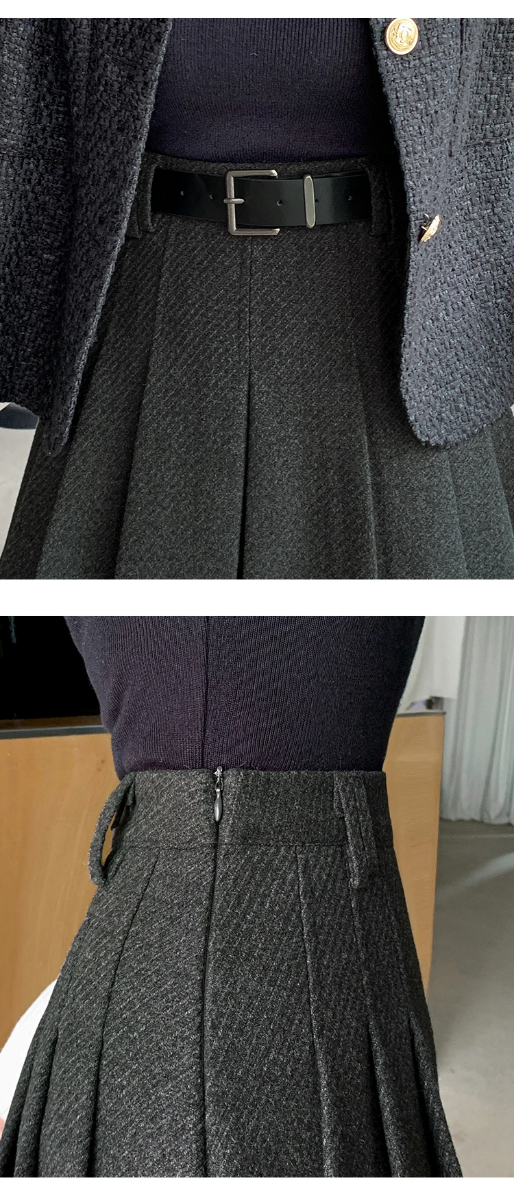 Vintage Winter Pleated Mini Skirt Women Streetwear High Waist Woolen Cute Skater Skirts With Shorts Belt Grey Black Skirt Woman