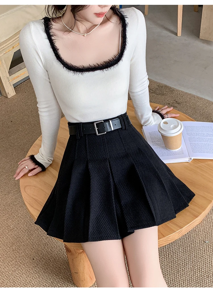 Vintage Winter Pleated Mini Skirt Women Streetwear High Waist Woolen Cute Skater Skirts With Shorts Belt Grey Black Skirt Woman