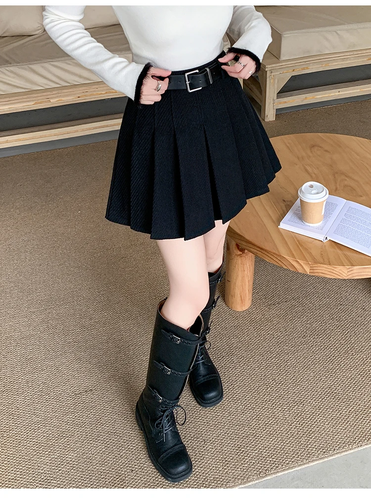 Vintage Winter Pleated Mini Skirt Women Streetwear High Waist Woolen Cute Skater Skirts With Shorts Belt Grey Black Skirt Woman
