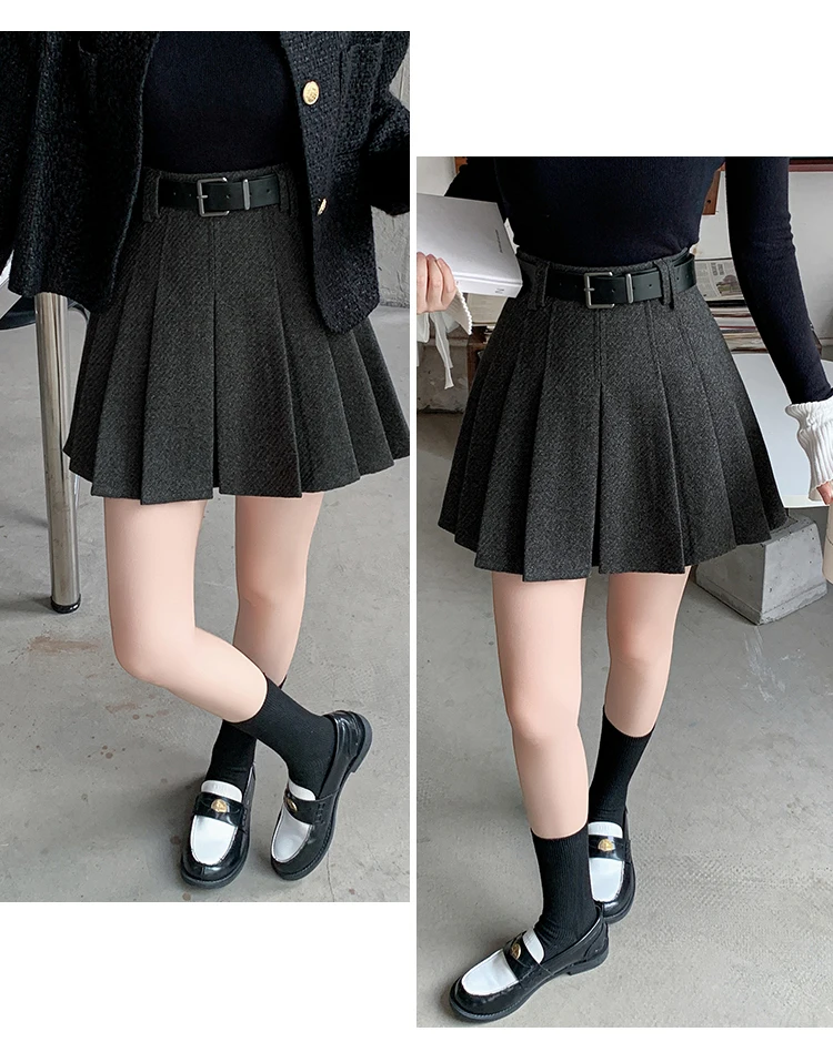 Vintage Winter Pleated Mini Skirt Women Streetwear High Waist Woolen Cute Skater Skirts With Shorts Belt Grey Black Skirt Woman