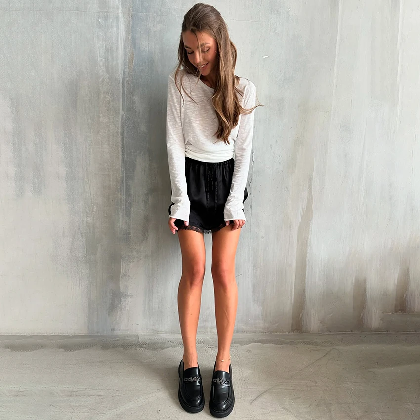 Linad Elegant Apricot Lace Drawstring Skirts Woman Street Chic Solid Satin Mini Skirt Summer Fashion High Waist Skirt 2025 Fall