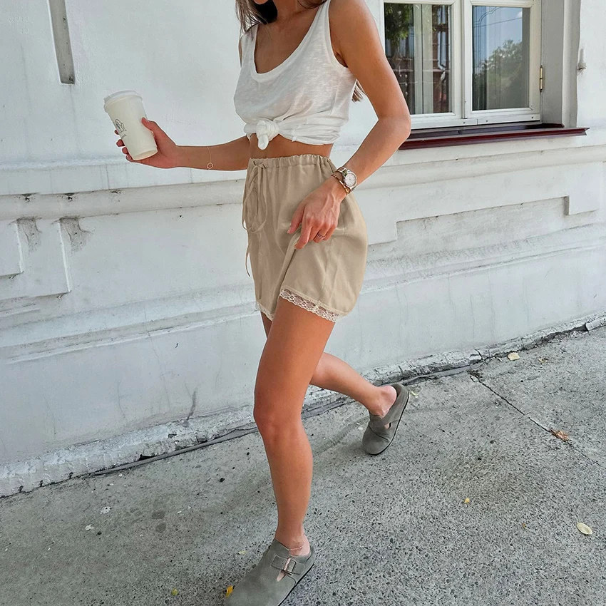 Linad Elegant Apricot Lace Drawstring Skirts Woman Street Chic Solid Satin Mini Skirt Summer Fashion High Waist Skirt 2025 Fall