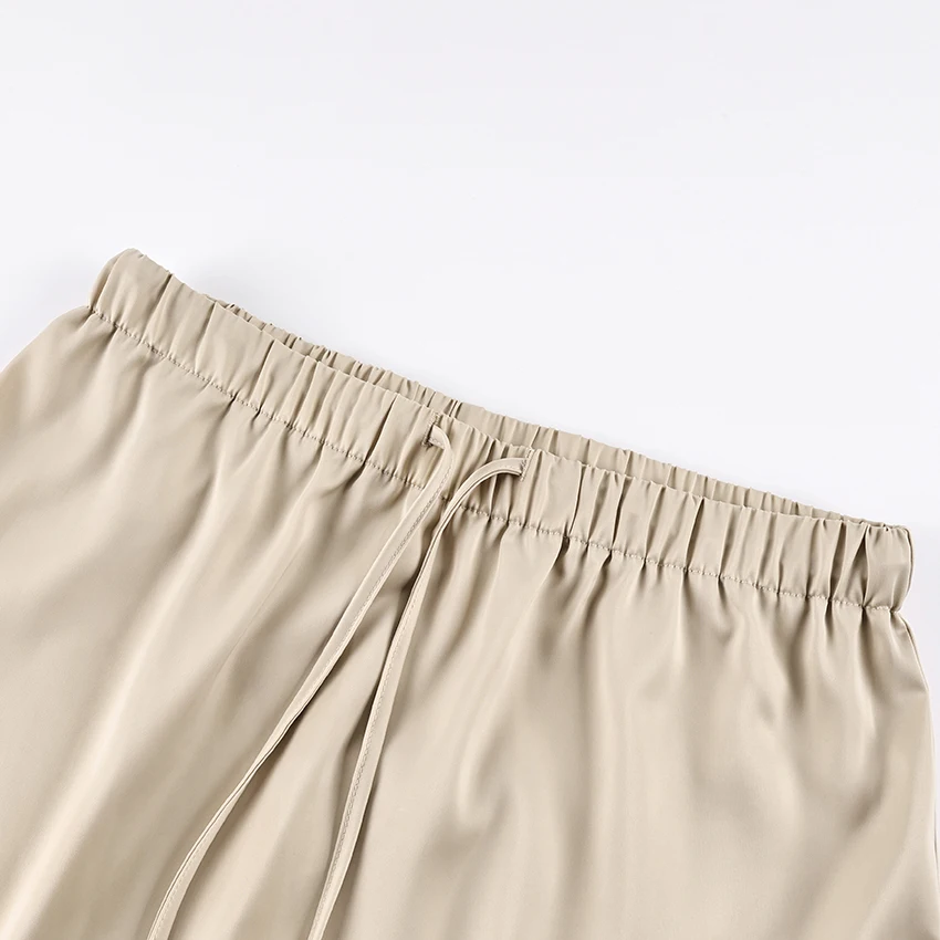 Linad Elegant Apricot Lace Drawstring Skirts Woman Street Chic Solid Satin Mini Skirt Summer Fashion High Waist Skirt 2025 Fall