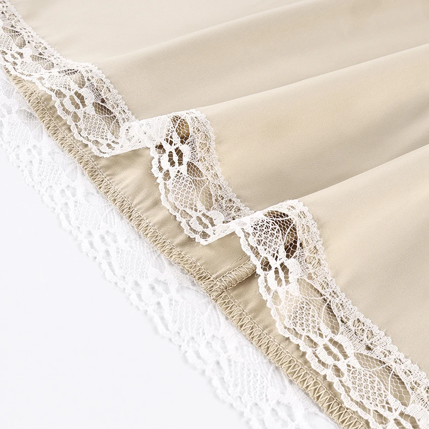 Linad Elegant Apricot Lace Drawstring Skirts Woman Street Chic Solid Satin Mini Skirt Summer Fashion High Waist Skirt 2025 Fall