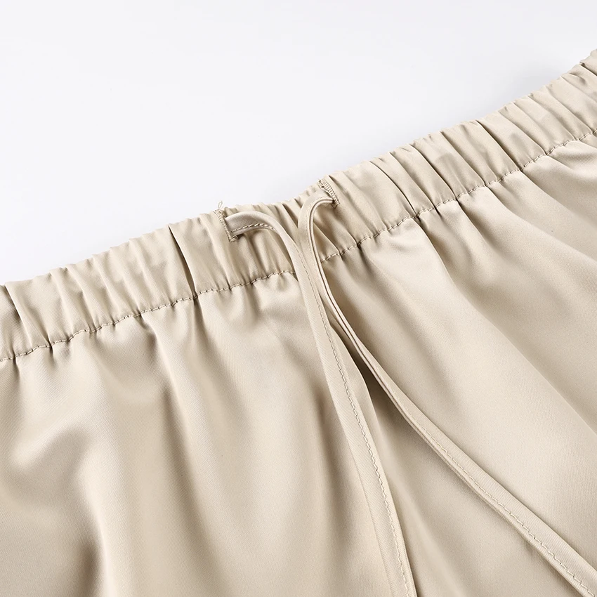 Linad Elegant Apricot Lace Drawstring Skirts Woman Street Chic Solid Satin Mini Skirt Summer Fashion High Waist Skirt 2025 Fall