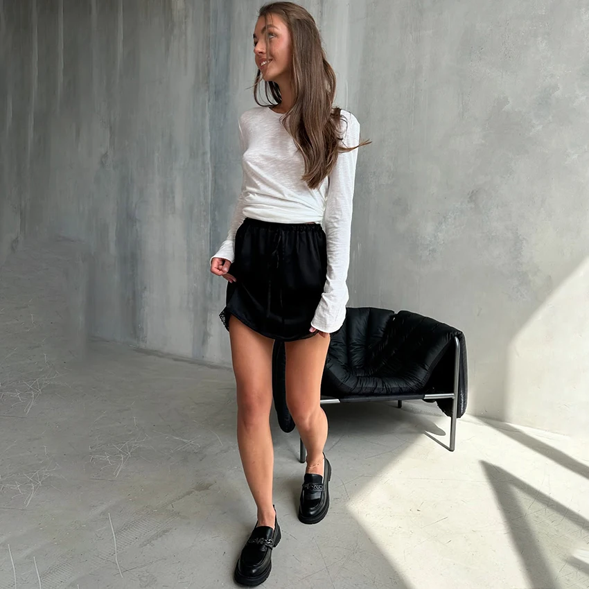Linad Elegant Apricot Lace Drawstring Skirts Woman Street Chic Solid Satin Mini Skirt Summer Fashion High Waist Skirt 2025 Fall