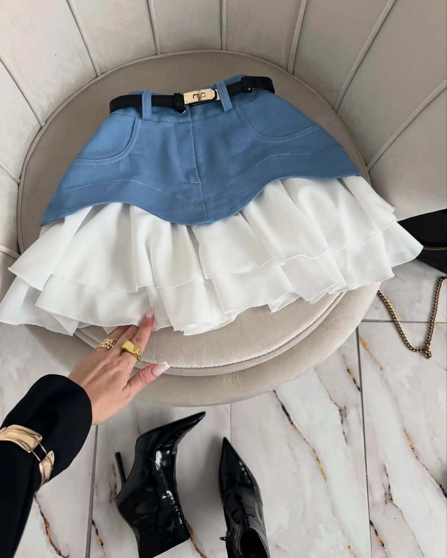Denim Cake Skirt Women A Line Short Skirts High Waist Ruffles Elegant Splice Y2k Streetwear Party Pleated Slim Fit 2025 Spring