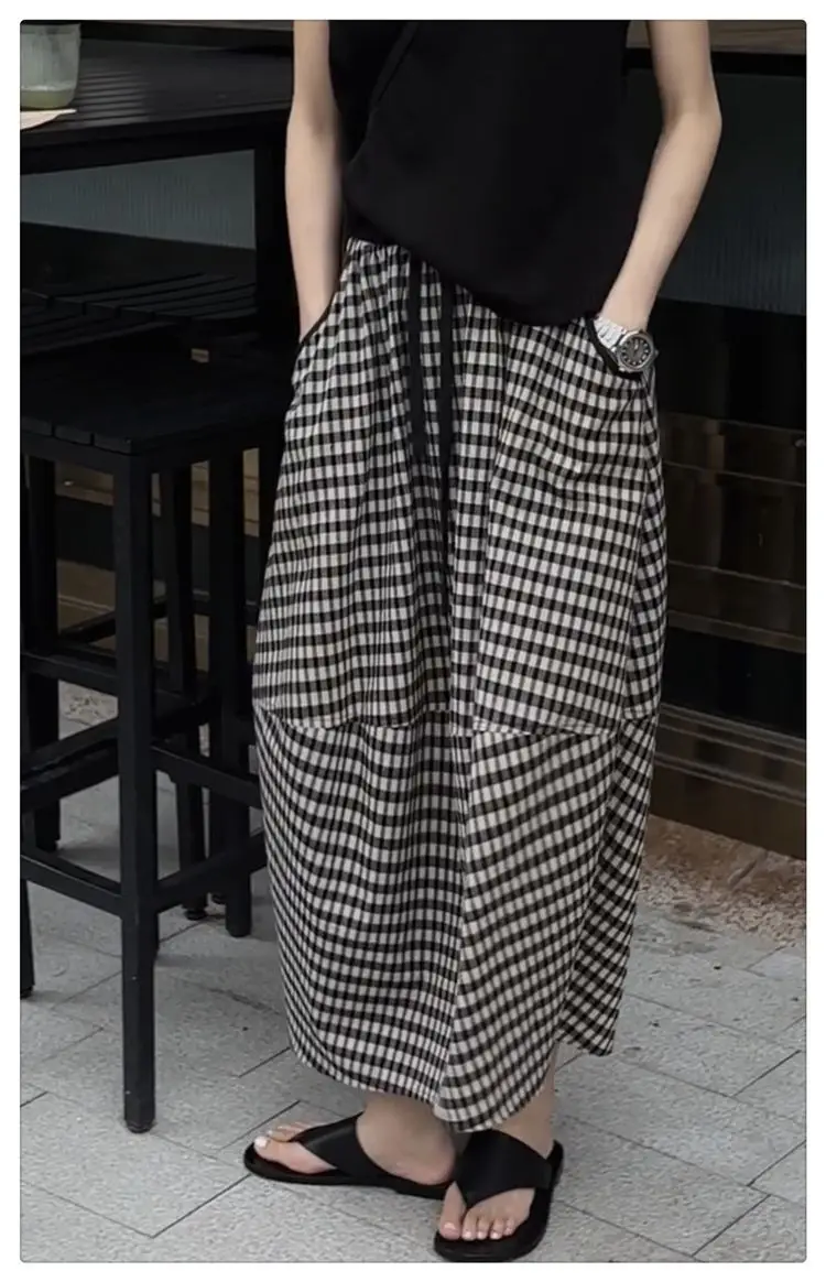 Aoaiiys Skirts Women Striped Plaid Spliced Casual Skirts Pockets Fashion Skirt 2026 Vintage Comfortable A-Line Skirt Summer New