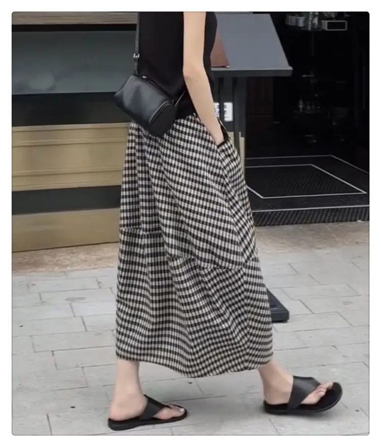 Aoaiiys Skirts Women Striped Plaid Spliced Casual Skirts Pockets Fashion Skirt 2026 Vintage Comfortable A-Line Skirt Summer New