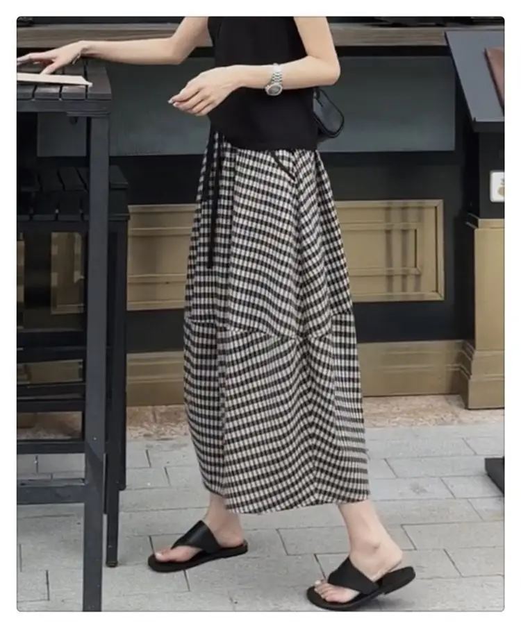 Aoaiiys Skirts Women Striped Plaid Spliced Casual Skirts Pockets Fashion Skirt 2026 Vintage Comfortable A-Line Skirt Summer New