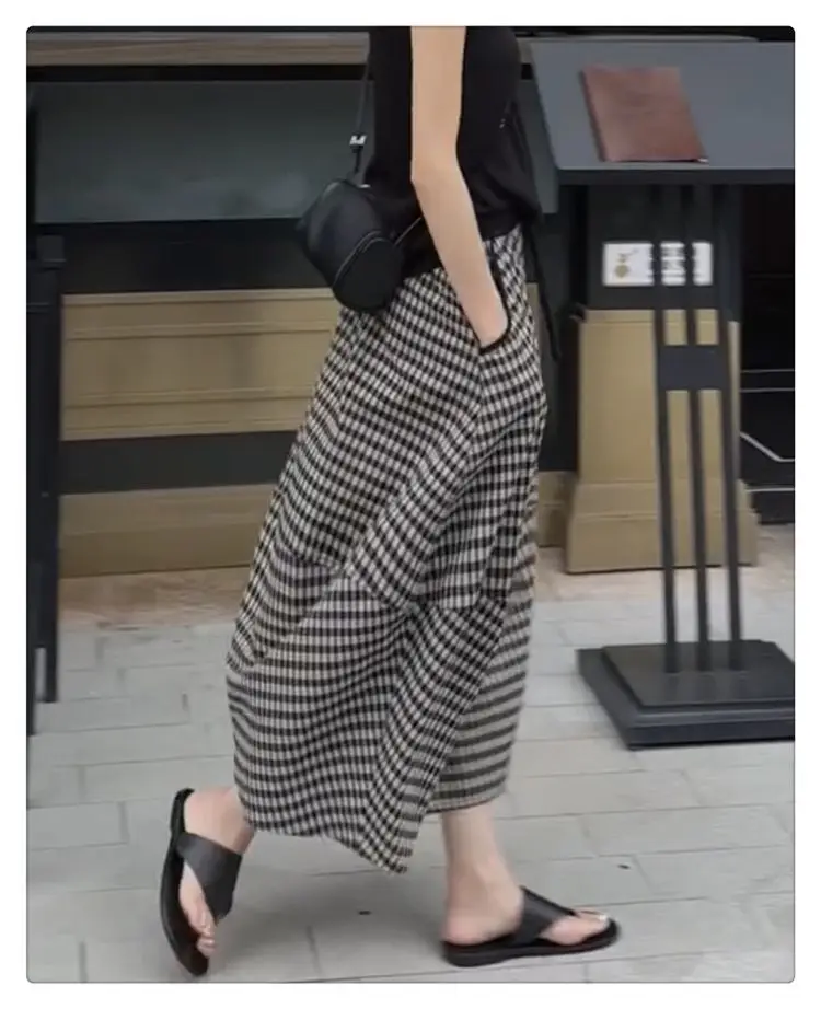 Aoaiiys Skirts Women Striped Plaid Spliced Casual Skirts Pockets Fashion Skirt 2026 Vintage Comfortable A-Line Skirt Summer New
