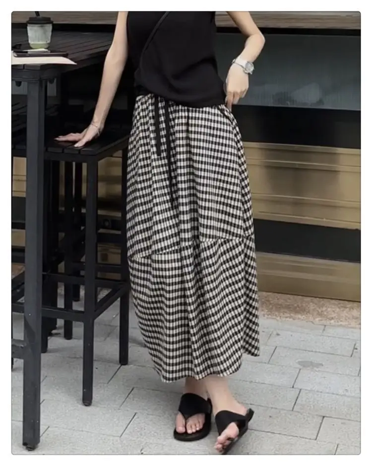Aoaiiys Skirts Women Striped Plaid Spliced Casual Skirts Pockets Fashion Skirt 2026 Vintage Comfortable A-Line Skirt Summer New