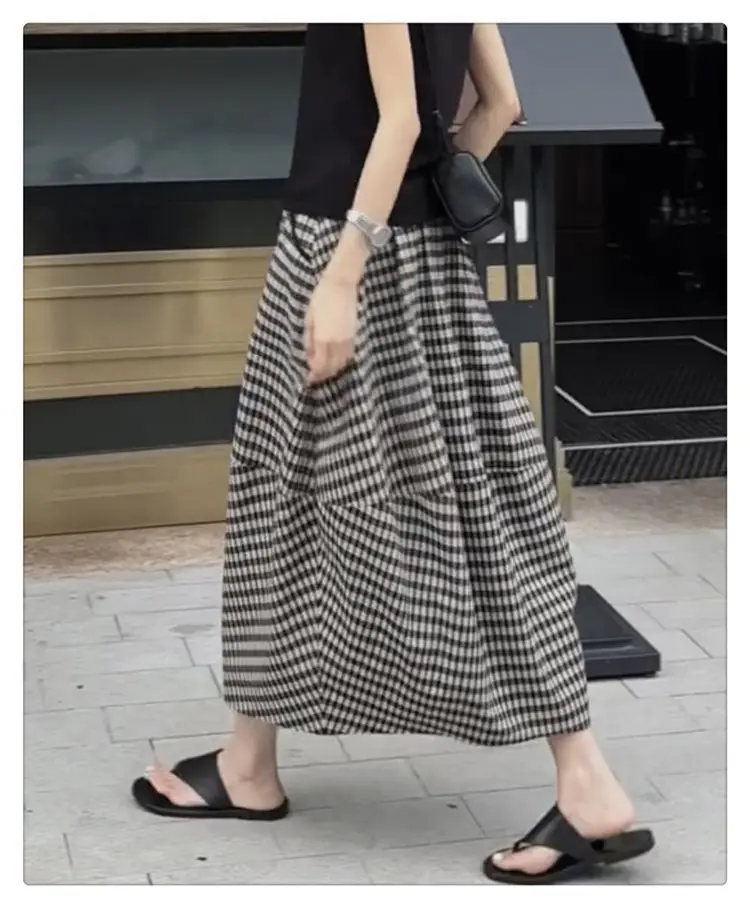 Aoaiiys Skirts Women Striped Plaid Spliced Casual Skirts Pockets Fashion Skirt 2026 Vintage Comfortable A-Line Skirt Summer New