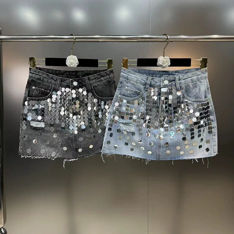 DEAT Sequins Decoration Denim Skirts For Women 2024 Summer New Items High Waist Wrap Hip Skirt Female Trendy Fashion 29L7154