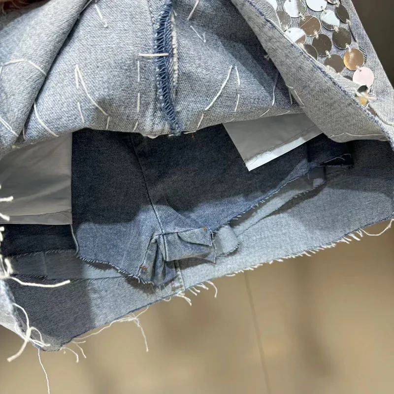 DEAT Sequins Decoration Denim Skirts For Women 2024 Summer New Items High Waist Wrap Hip Skirt Female Trendy Fashion 29L7154