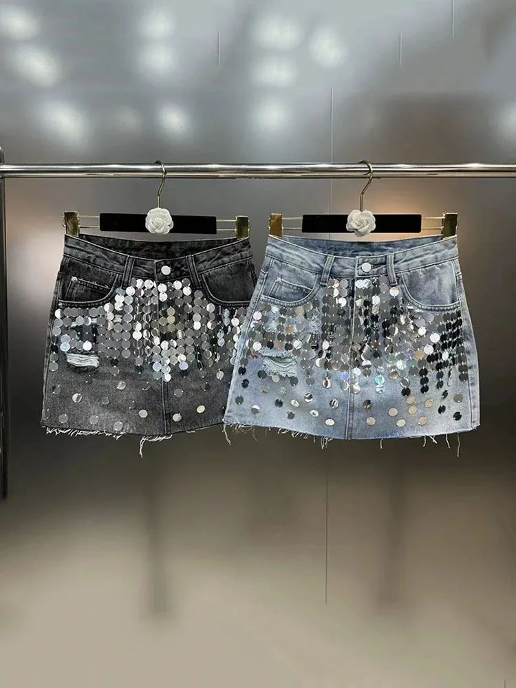 DEAT Sequins Decoration Denim Skirts For Women 2024 Summer New Items High Waist Wrap Hip Skirt Female Trendy Fashion 29L7154