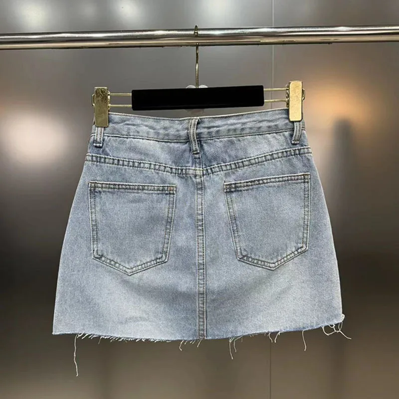 DEAT Sequins Decoration Denim Skirts For Women 2024 Summer New Items High Waist Wrap Hip Skirt Female Trendy Fashion 29L7154