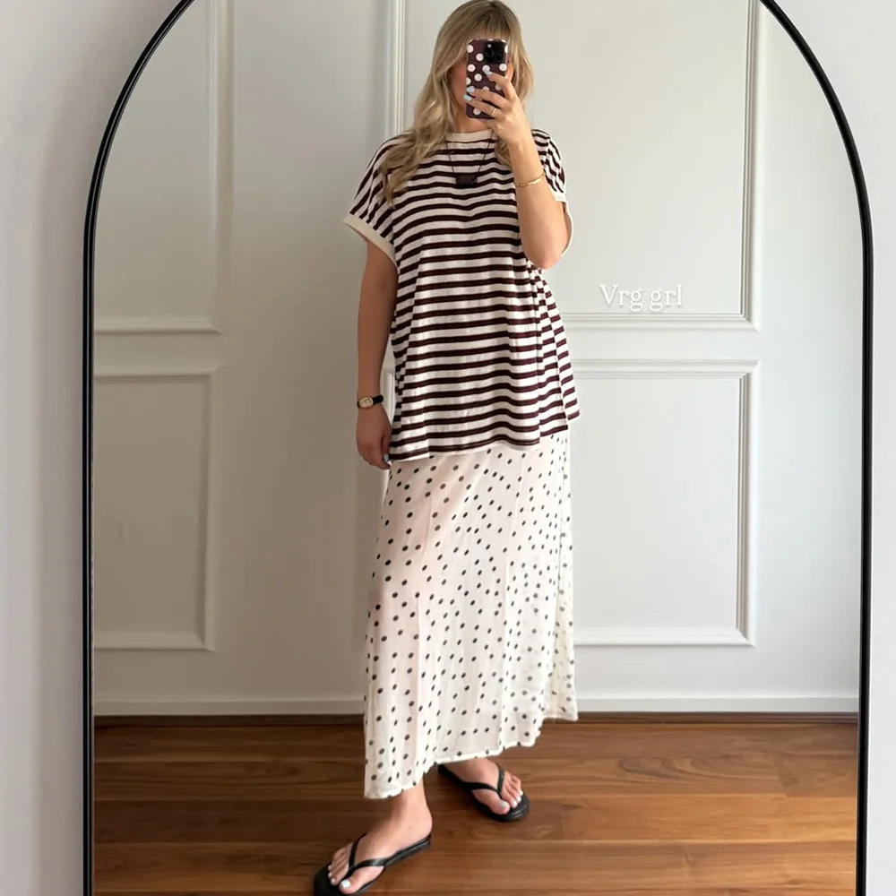 Talenza Summer Polka Dot Maxi Skirts Fashion Casual Contrast Loose Lace Skirts New High-Waisted Vintage Party Vacation Women's
