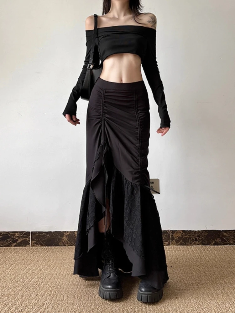 Y2k Spicy Girl Skirts Solid Color Lace Patchwork Draw String Irregular Long Skirt Harajuku Design Streetwear Women's Clothing