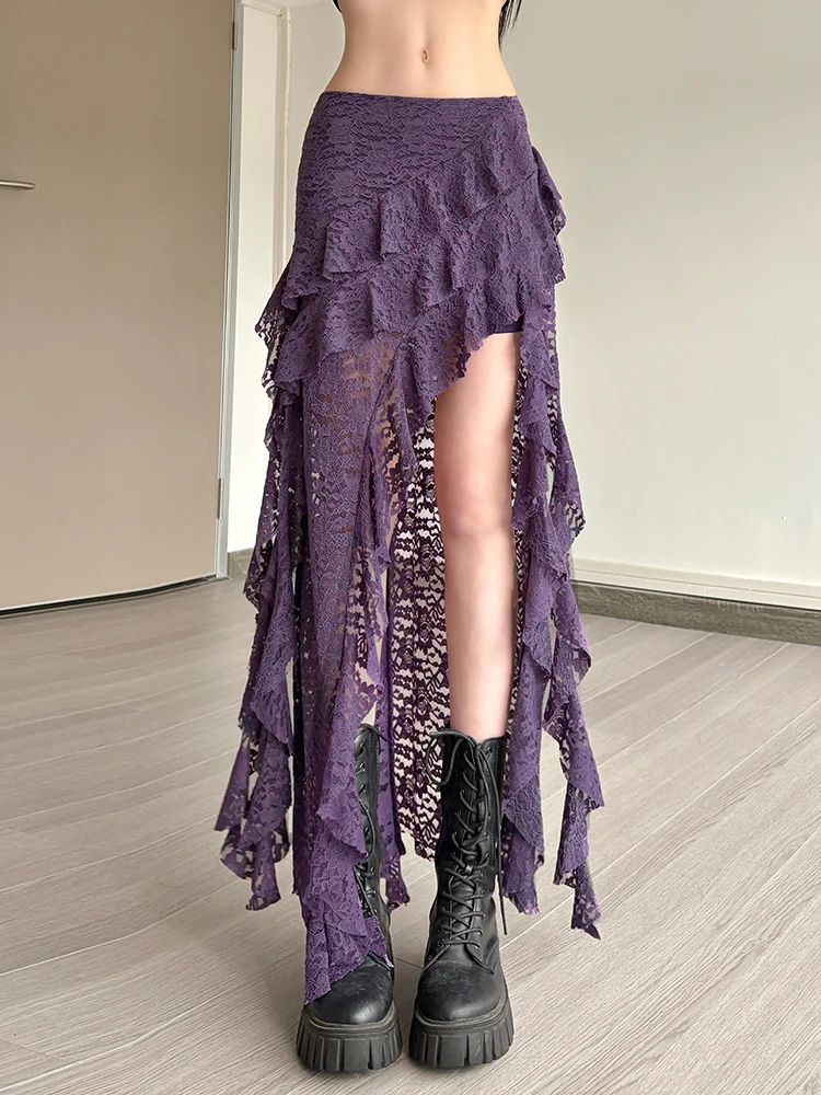 Women Tassel Skirt Irregular Hem Multi Layered Ruffles Lace Patchwork Sweet Summer Daily Wear Skinny Versatile Purple Skirt