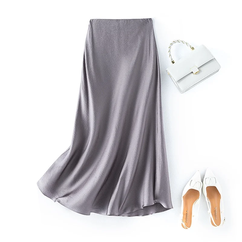 2026 Women's Summer New 100% Natural Mulberry Silk Pearl Satin Dark Grey Elegant Diagonal Cut Wrapped Hip Fishtail Skirt