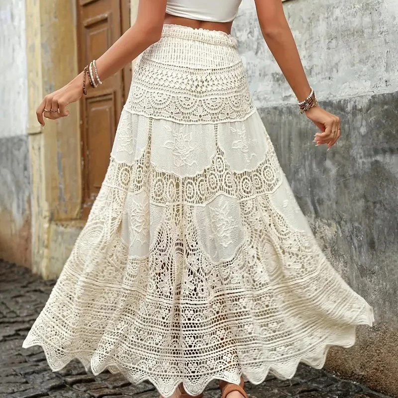 Boring Honey French Retro Classical Skirts Hollow Out Knitting Big Swing Skirt Summer New Fashion All-Match High Waist Dress