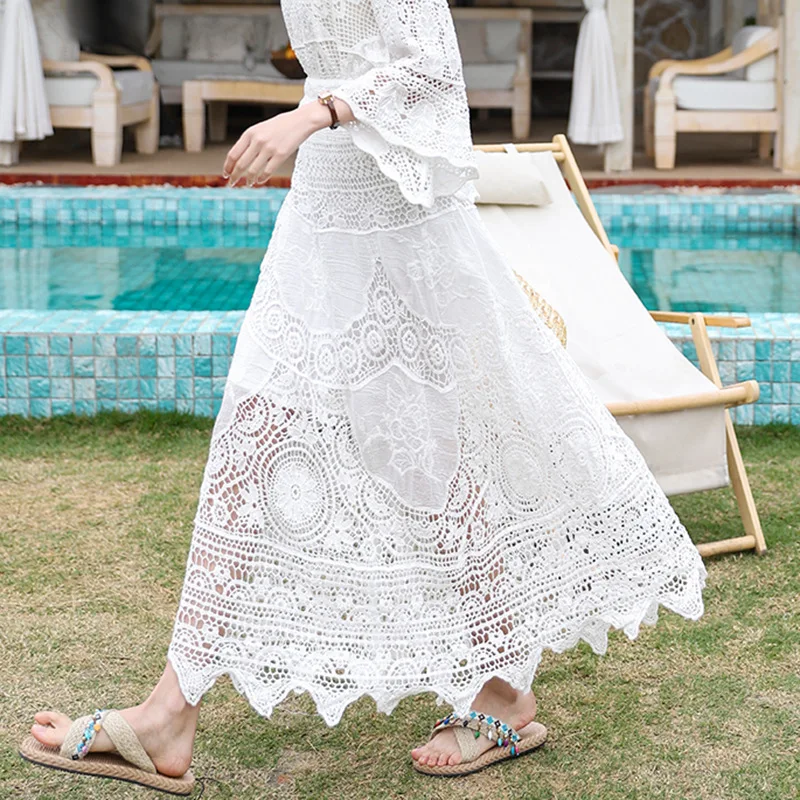 Boring Honey French Retro Classical Skirts Hollow Out Knitting Big Swing Skirt Summer New Fashion All-Match High Waist Dress