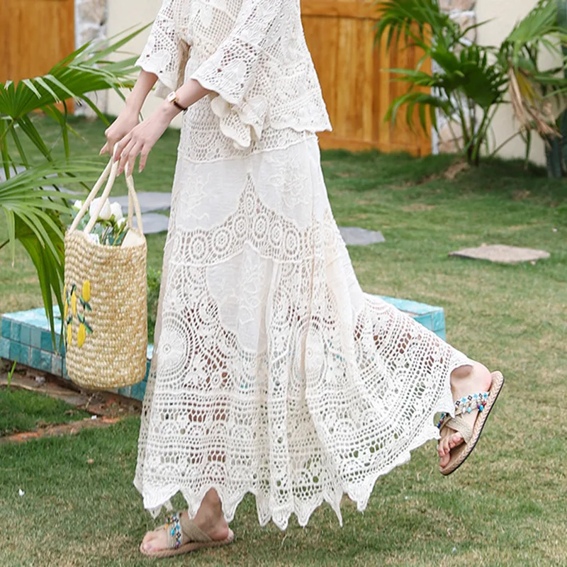 Boring Honey French Retro Classical Skirts Hollow Out Knitting Big Swing Skirt Summer New Fashion All-Match High Waist Dress