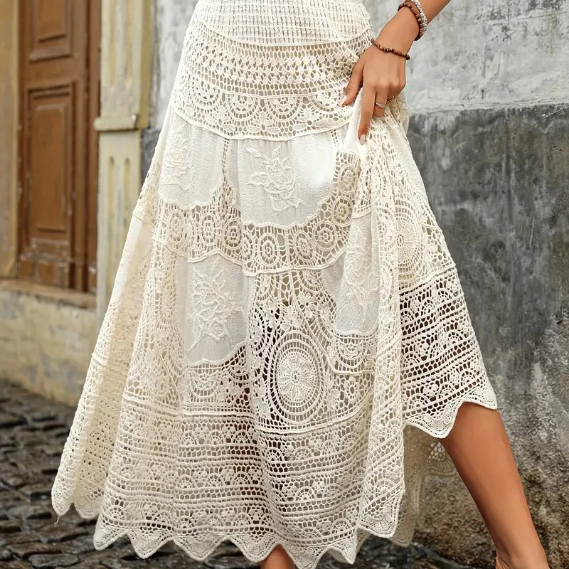 Boring Honey French Retro Classical Skirts Hollow Out Knitting Big Swing Skirt Summer New Fashion All-Match High Waist Dress