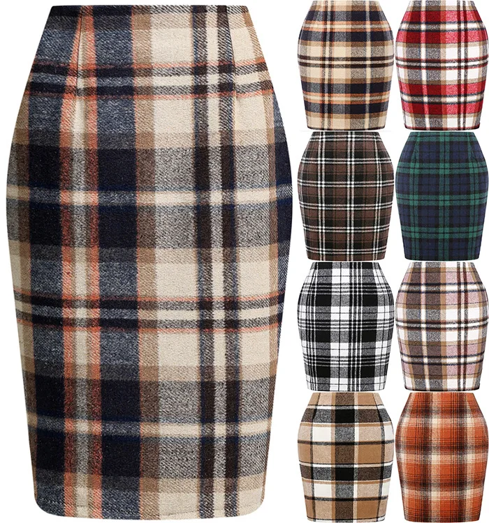 2025 Autumn and Winter Women's Plaid Hip Skirt Zipper Slim Wool Blend Fashion Office Pencil Skirts Midi Skirt