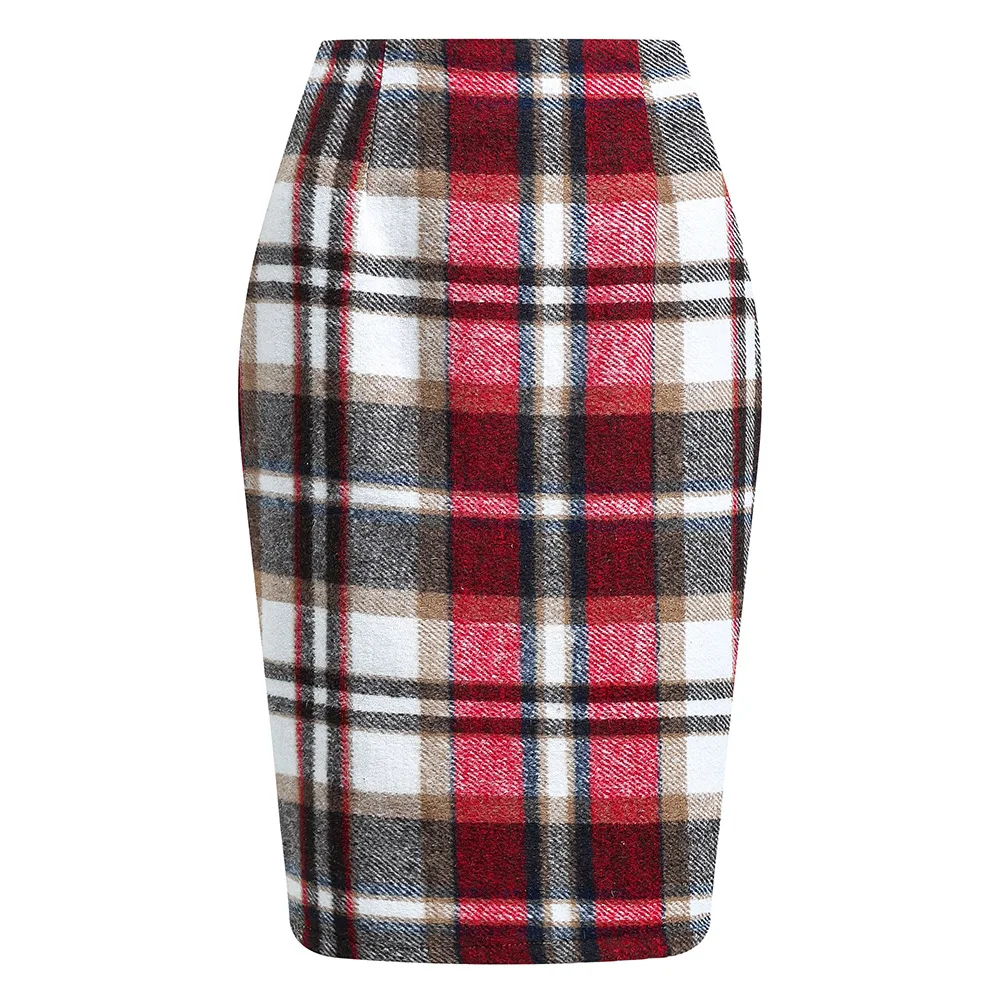 2025 Autumn and Winter Women's Plaid Hip Skirt Zipper Slim Wool Blend Fashion Office Pencil Skirts Midi Skirt
