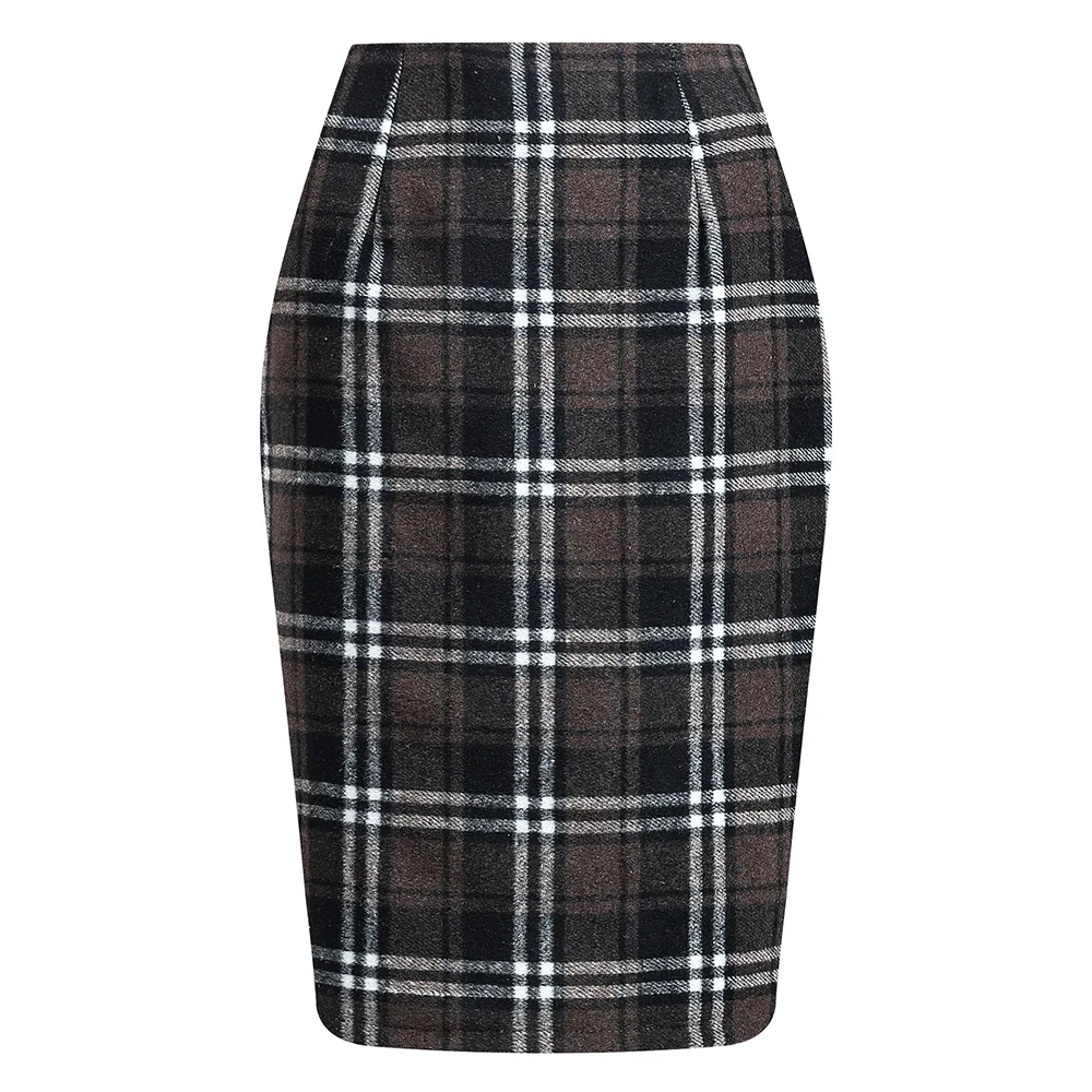 2025 Autumn and Winter Women's Plaid Hip Skirt Zipper Slim Wool Blend Fashion Office Pencil Skirts Midi Skirt