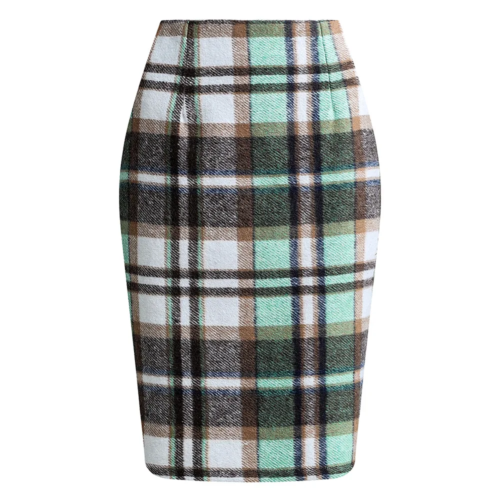 2025 Autumn and Winter Women's Plaid Hip Skirt Zipper Slim Wool Blend Fashion Office Pencil Skirts Midi Skirt