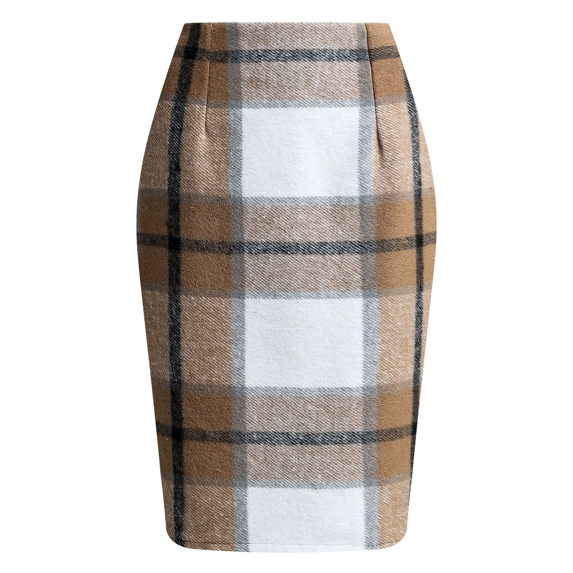 2025 Autumn and Winter Women's Plaid Hip Skirt Zipper Slim Wool Blend Fashion Office Pencil Skirts Midi Skirt