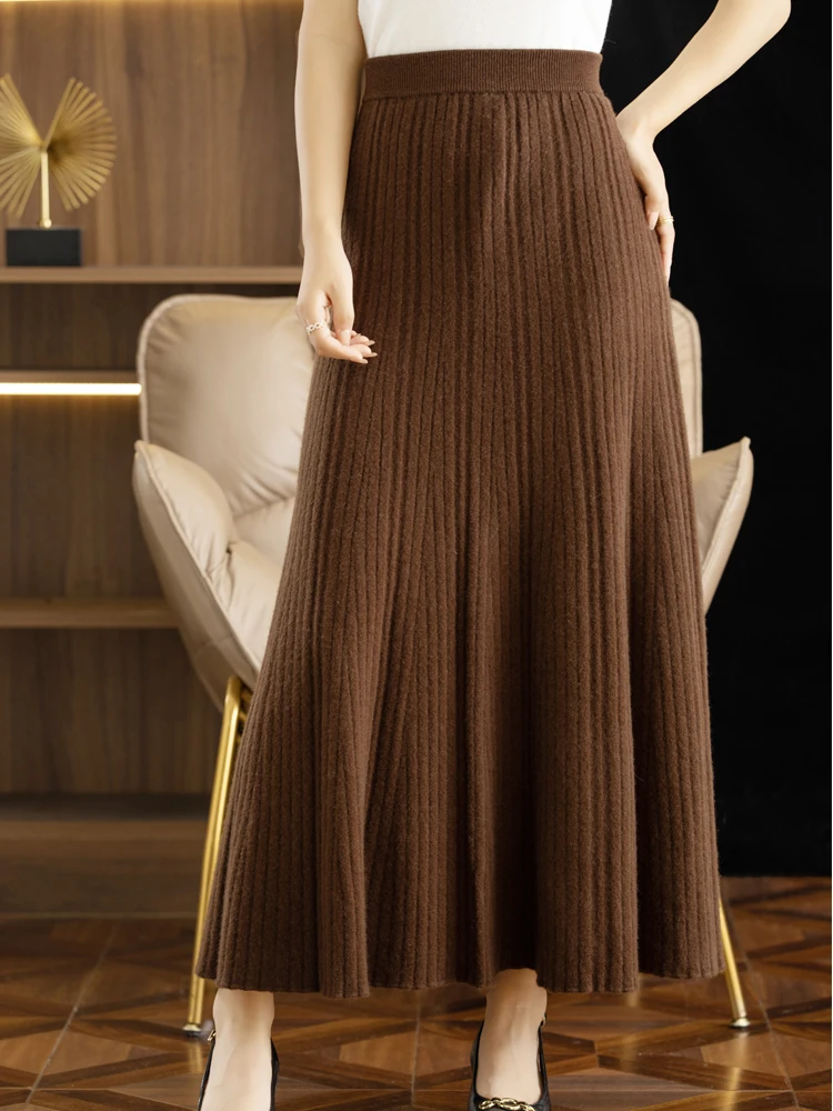 Elegant Women's Pleated Skirt 100% Merino Wool Skirt A-Line Long Skirt Soft Warm Autumn Winter Dress Slim Elastic Waist Office