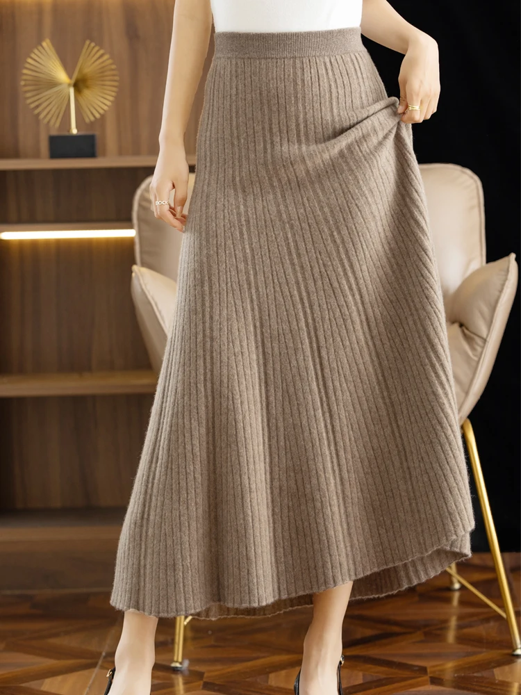 Elegant Women's Pleated Skirt 100% Merino Wool Skirt A-Line Long Skirt Soft Warm Autumn Winter Dress Slim Elastic Waist Office