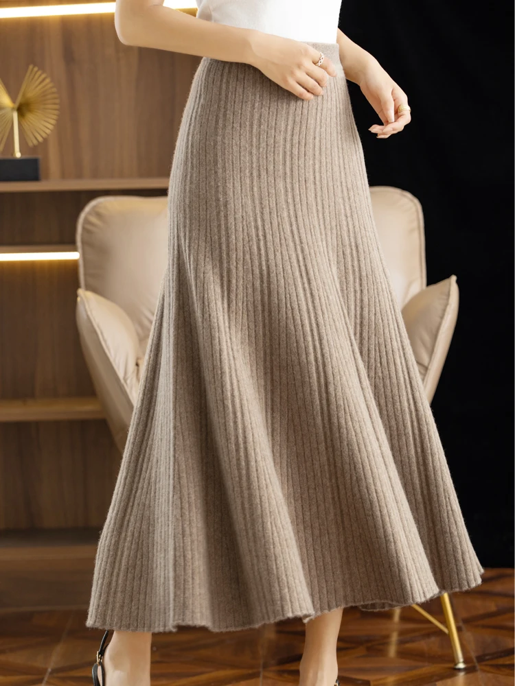Elegant Women's Pleated Skirt 100% Merino Wool Skirt A-Line Long Skirt Soft Warm Autumn Winter Dress Slim Elastic Waist Office
