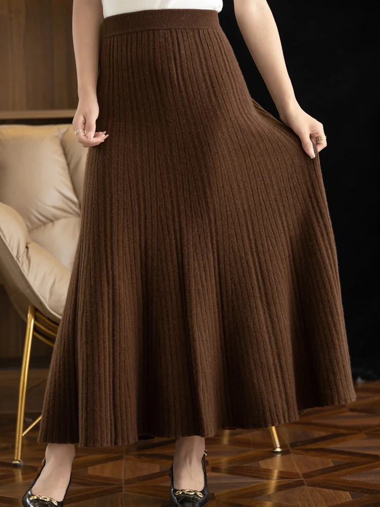 Elegant Women's Pleated Skirt 100% Merino Wool Skirt A-Line Long Skirt Soft Warm Autumn Winter Dress Slim Elastic Waist Office