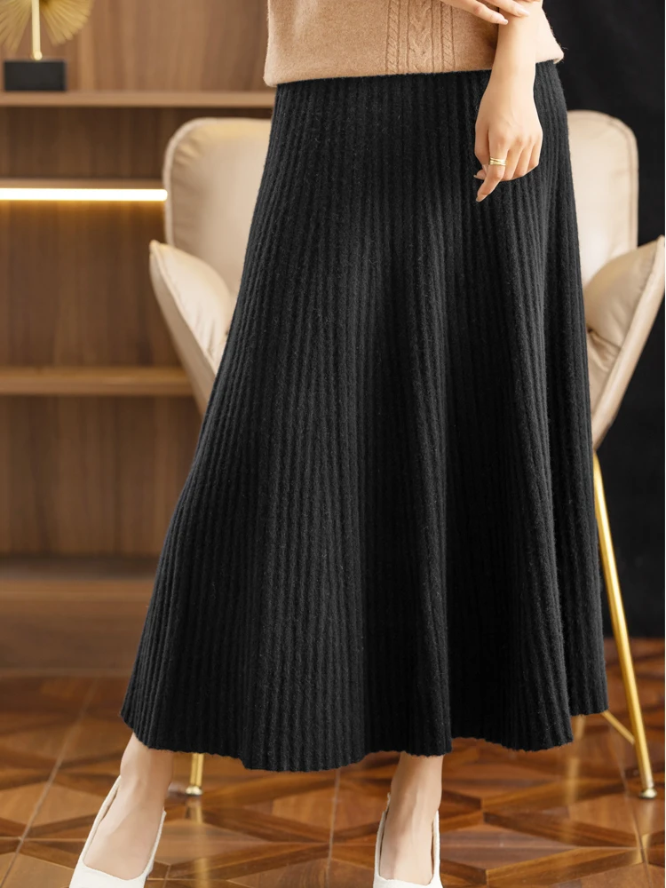 Elegant Women's Pleated Skirt 100% Merino Wool Skirt A-Line Long Skirt Soft Warm Autumn Winter Dress Slim Elastic Waist Office
