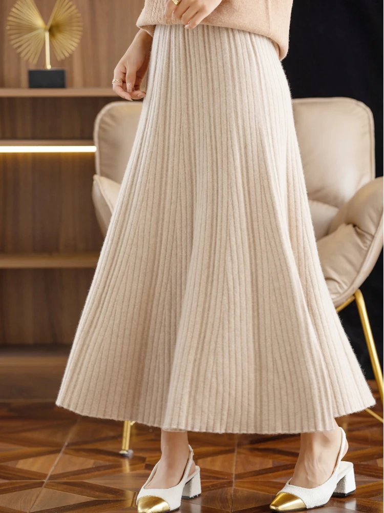 Elegant Women's Pleated Skirt 100% Merino Wool Skirt A-Line Long Skirt Soft Warm Autumn Winter Dress Slim Elastic Waist Office