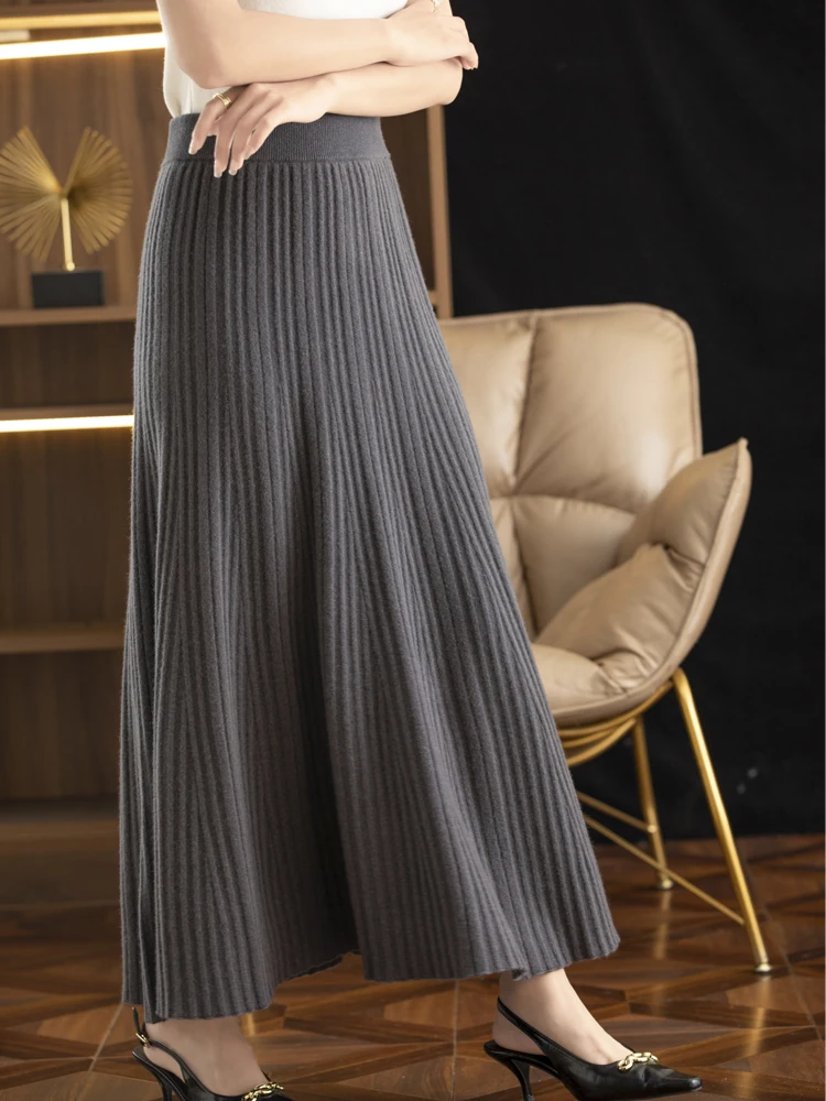 Elegant Women's Pleated Skirt 100% Merino Wool Skirt A-Line Long Skirt Soft Warm Autumn Winter Dress Slim Elastic Waist Office