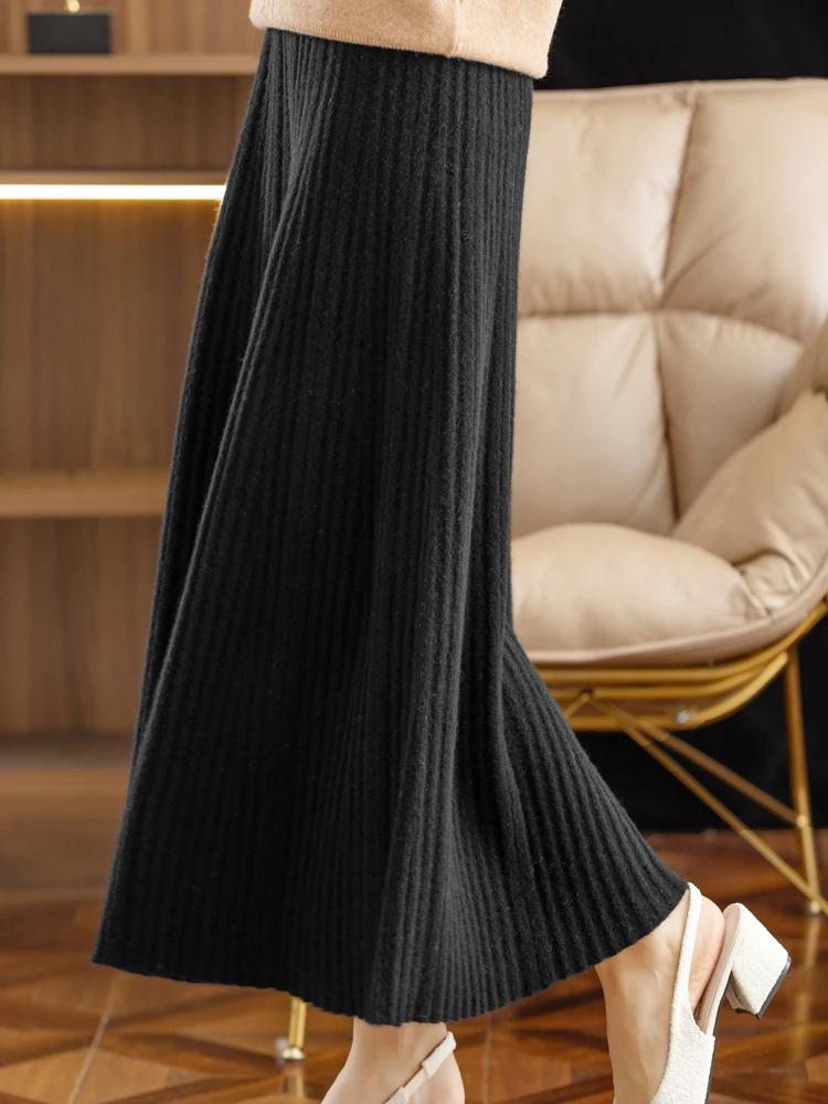 Elegant Women's Pleated Skirt 100% Merino Wool Skirt A-Line Long Skirt Soft Warm Autumn Winter Dress Slim Elastic Waist Office