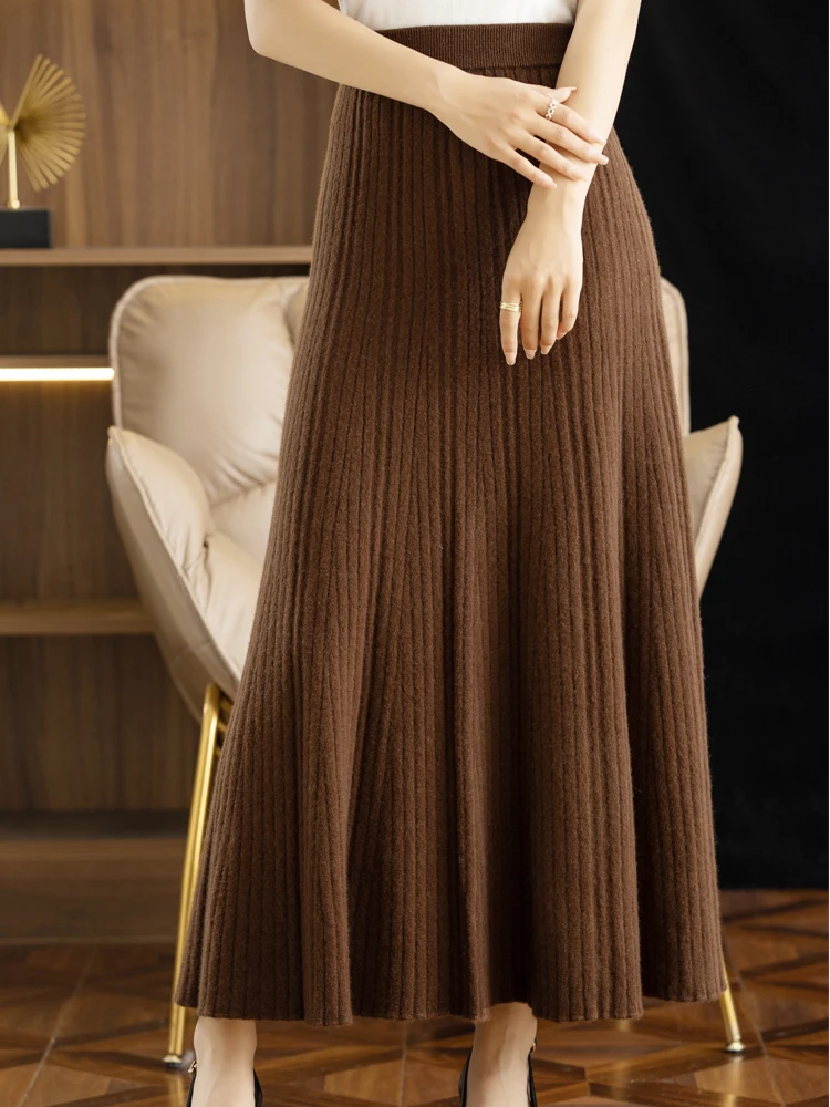 Elegant Women's Pleated Skirt 100% Merino Wool Skirt A-Line Long Skirt Soft Warm Autumn Winter Dress Slim Elastic Waist Office