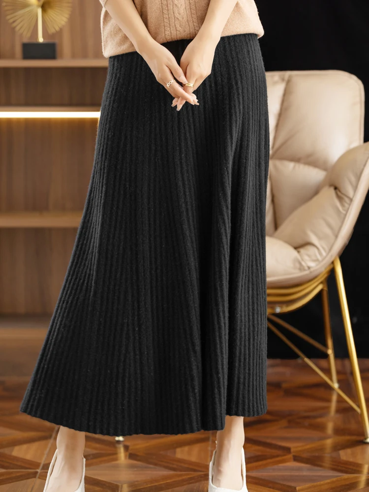 Elegant Women's Pleated Skirt 100% Merino Wool Skirt A-Line Long Skirt Soft Warm Autumn Winter Dress Slim Elastic Waist Office