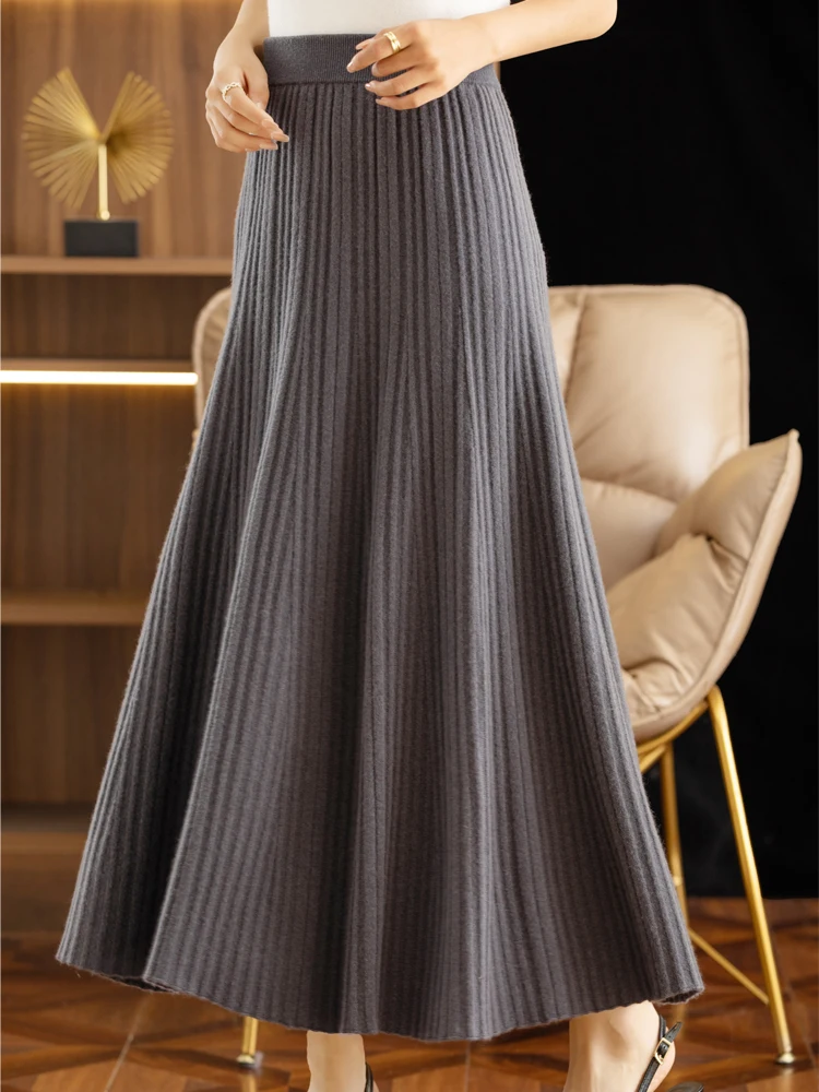 Elegant Women's Pleated Skirt 100% Merino Wool Skirt A-Line Long Skirt Soft Warm Autumn Winter Dress Slim Elastic Waist Office