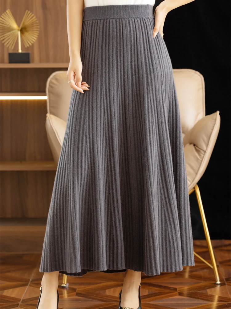 Elegant Women's Pleated Skirt 100% Merino Wool Skirt A-Line Long Skirt Soft Warm Autumn Winter Dress Slim Elastic Waist Office