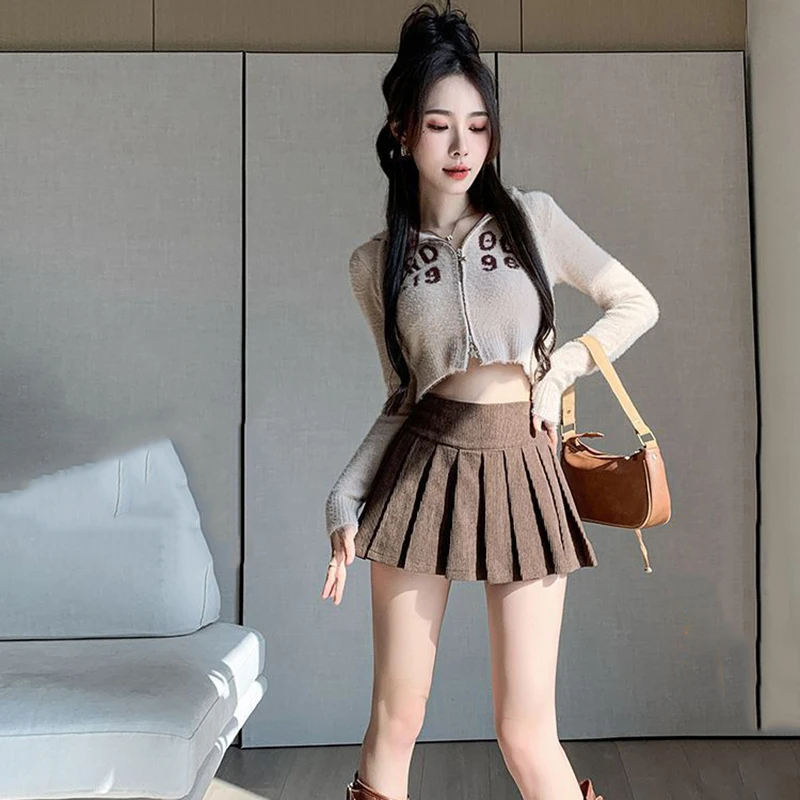 Zoki Corduroy Women Pleated Skirt Y2K High Waist Korean Casual Mini Skirts Femme Vintage Preppy Style Sweet A Line Skirts New